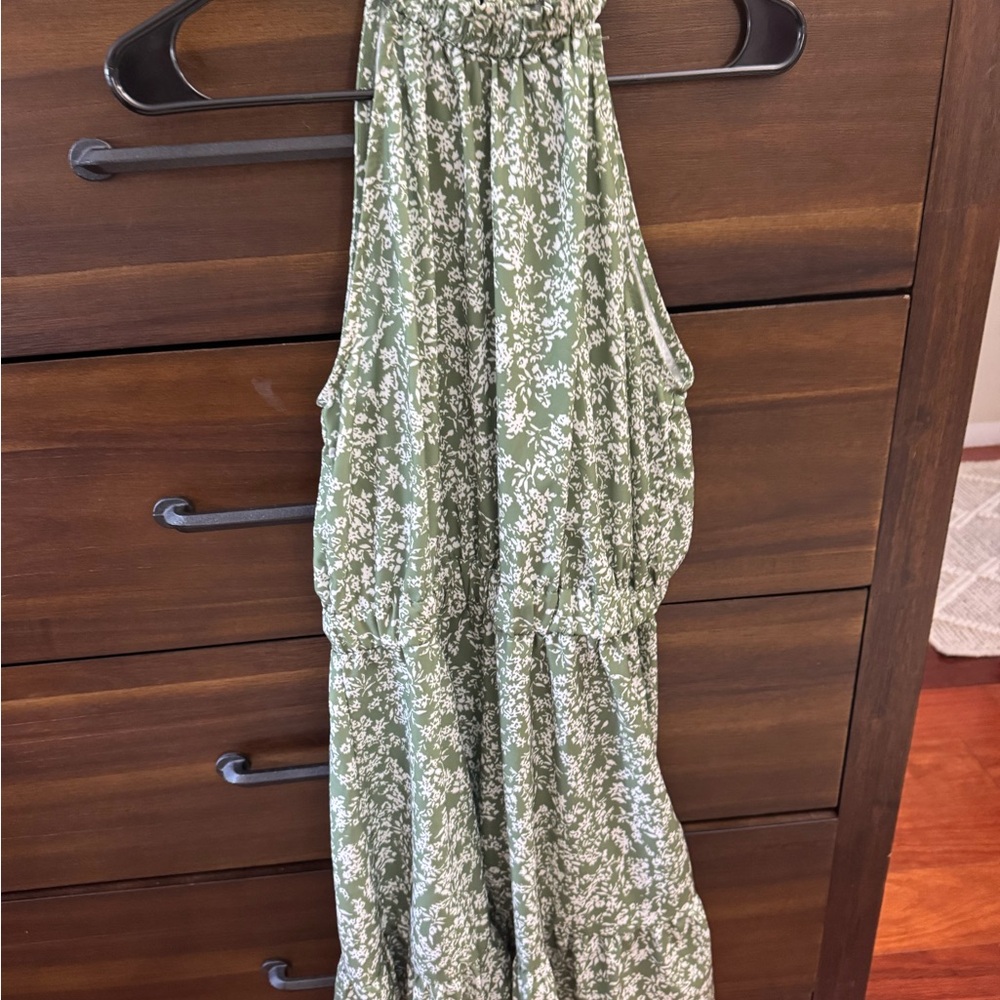 Green and White Floral Romper with Elastic Waist